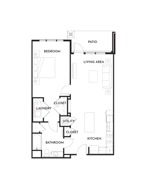 Floor plan for 1 bed, 1 bath, 863 sqft